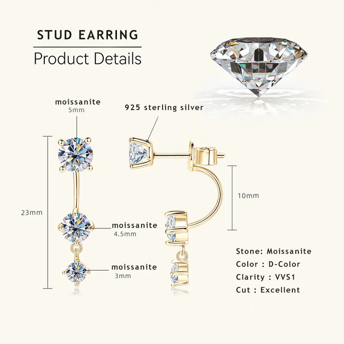 Moissanite Stud Earrings – D-Color VVS1 2-in-1 Sterling Silver