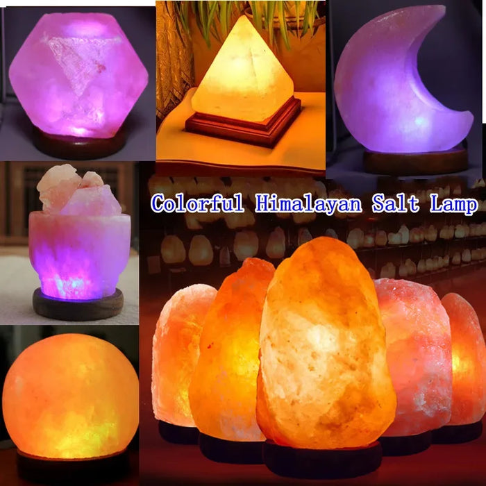 USB Himalayan salt lamp with color-changing LED, pure crystal stone, and neem wood base for calming home decor and relaxation

