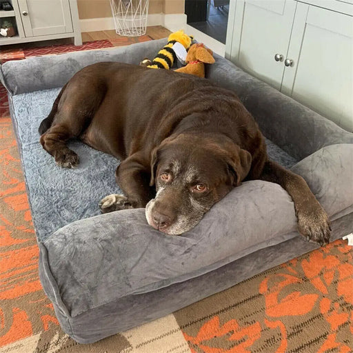 Grey orthopedic dog bed with soft fleece surface, bolstered sides, and waterproof washable cover