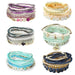 Bohemian handmade bracelet set featuring stackable beaded bangles with crystals, pearls, and colorful designs