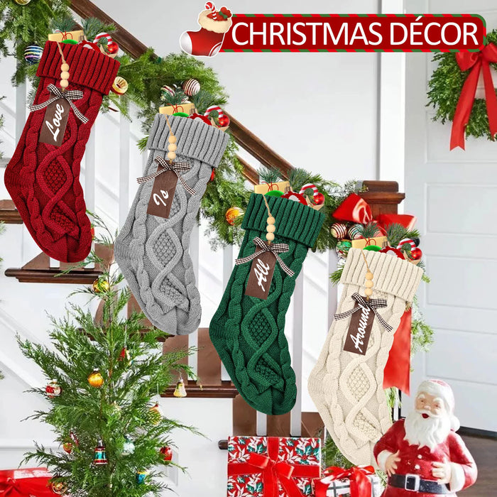 Personalised Christmas Stockings – Knitted Design with Wooden Name Tags