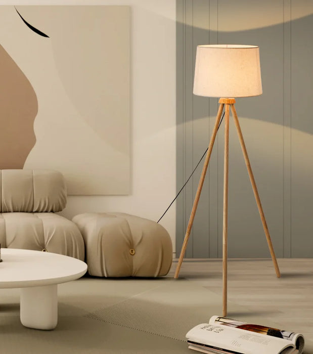 Wooden Tripod Floor Lamp – Mid-Century Modern Design with Foot Switch Control