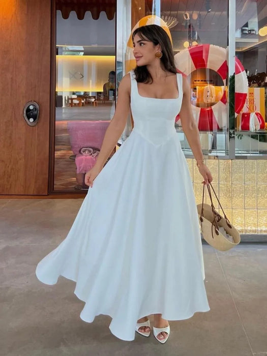 A-line Strap Long Dress – Square Neck & Backless Design
