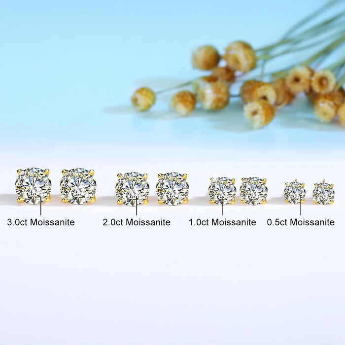 14K Gold Moissanite Stud Earrings – 0.5CT–3CT VVS1 Round Cut AU585 Certified