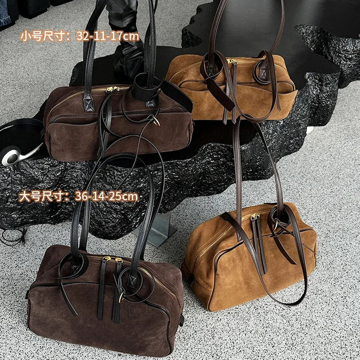 Women's Genuine Cowhide Leather Tote Bag – Large Capacity Suede Velvet Shoulder Handbag SF