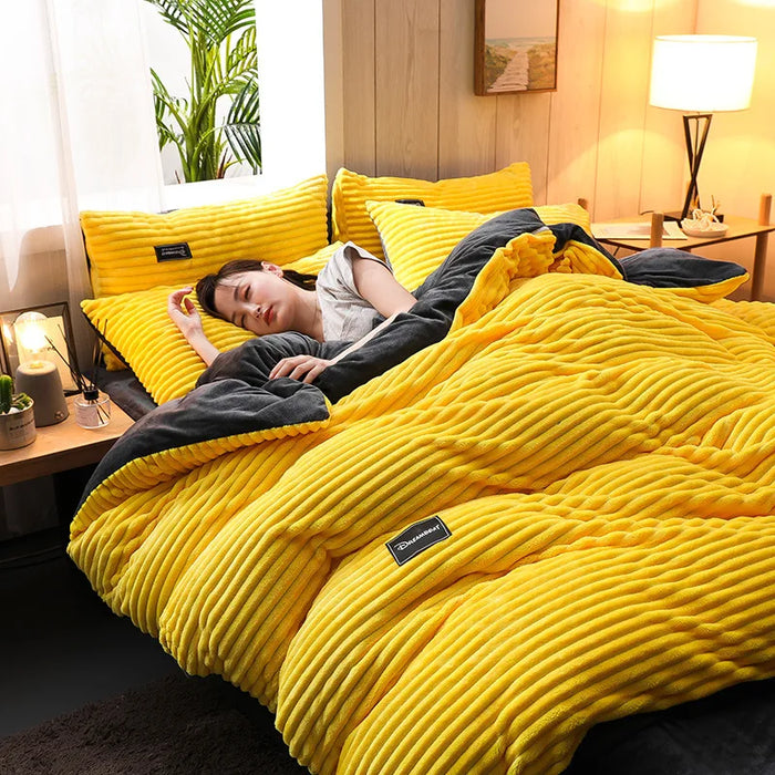 Double-sided velvet duvet cover set with applique embroidery and pillowcases, soft and warm for winter beds.