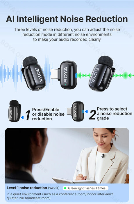 BOYA Mini Wireless Microphone – 2.4GHz Lavalier Mic with Charging Case for iPhone & Android
