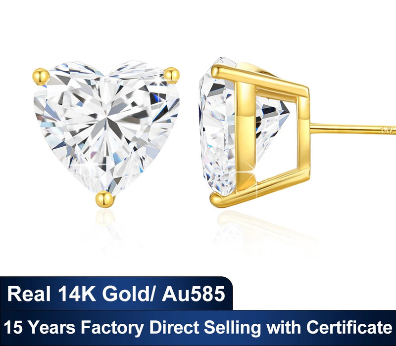 Heart-cut moissanite stud earrings in real 14K yellow gold with AU585 and GRA certification
