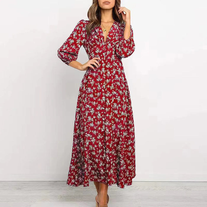 Women’s V-Neck Floral Maxi Dress – High-Waist Slit for Effortless Boho Chic - Samanta Factory