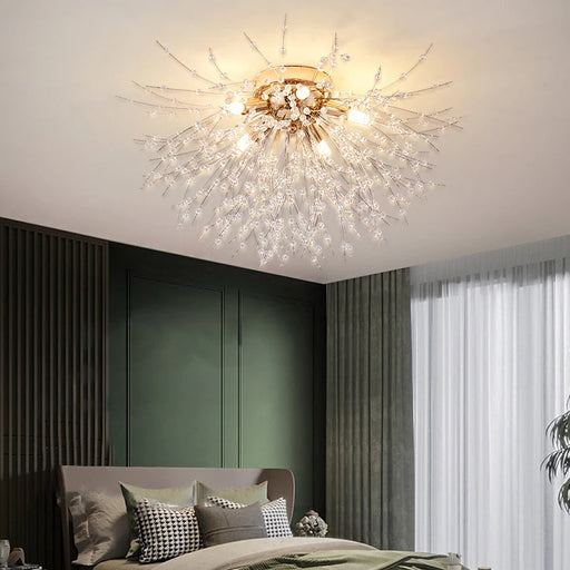 Modern 4-light crystal dandelion starburst ceiling chandelier in chrome finish with clear crystal pearl beads for living room and dining room lighting