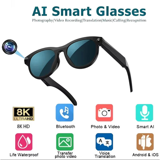 8K AI smart glasses with camera, Bluetooth calling, and translation features
