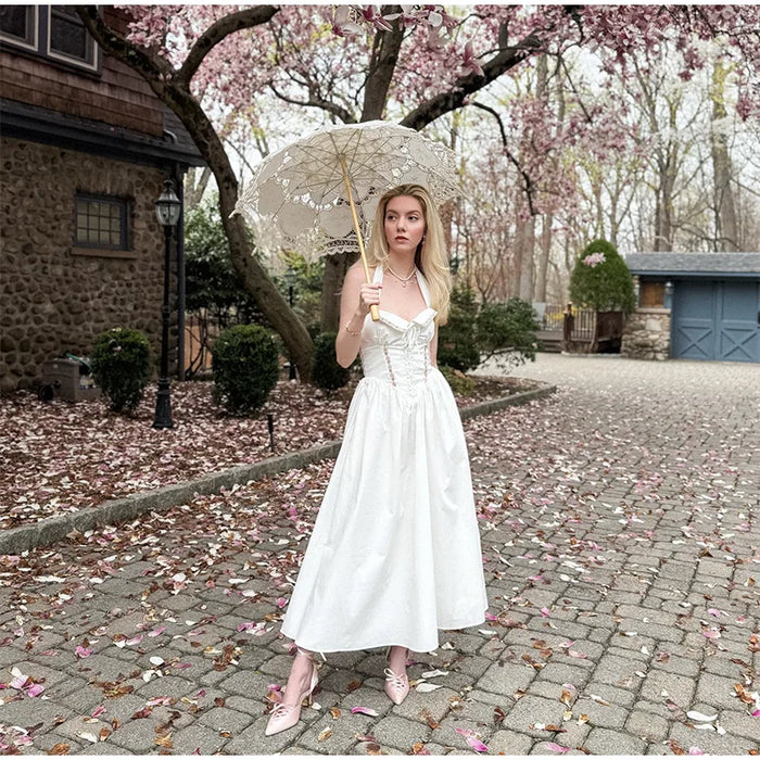 A-line Strap Long Dress – Square Neck & Backless Design