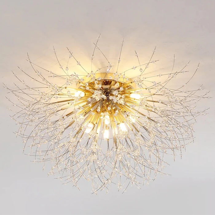 Modern 4-light crystal dandelion starburst ceiling chandelier in chrome finish with clear crystal pearl beads for living room and dining room lighting