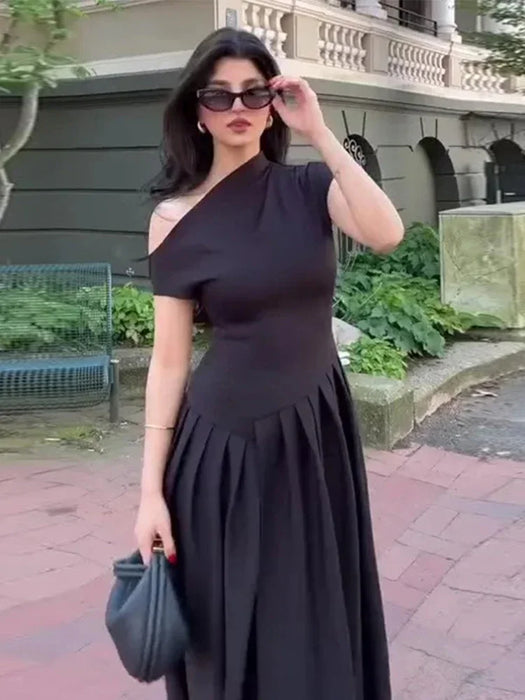 Front view of pleated patchwork maxi dress