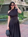 Front view of pleated patchwork maxi dress