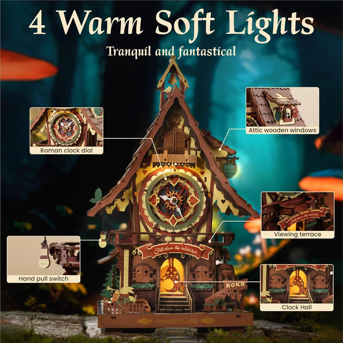 Wooden Cuckoo Clock 3D Puzzle – Light-Up Fairy Treehouse with Moving Bird & LED Lights