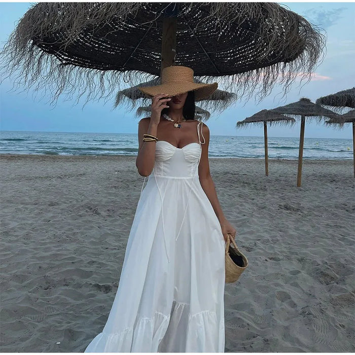A-line Strap Long Dress – Square Neck & Backless Design