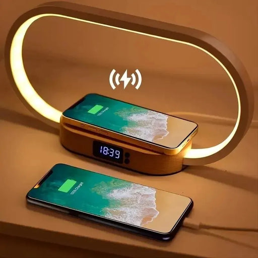 Modern LED bedside table lamp with 5-color light, USB and wireless charging, digital clock display, and touch control – perfect for home or bedroom use.

