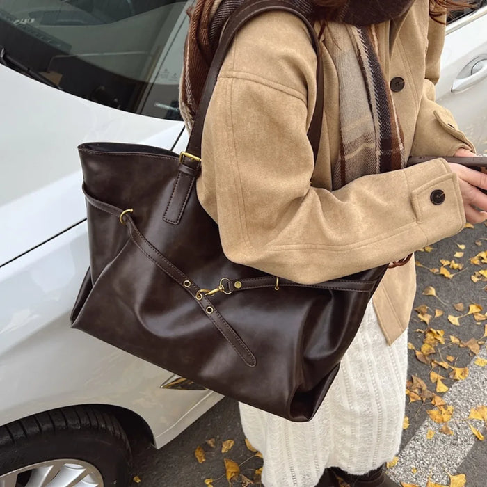 Vintage PU Leather Shoulder Tote – Soft Casual Bag with Lock Closure - Samanta Factory