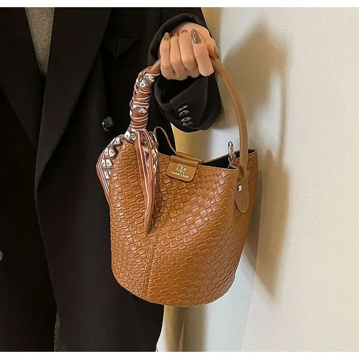 PU Leather Knitted Bucket Bag – Soft Casual Messenger Handbag for Women - Samanta Factory