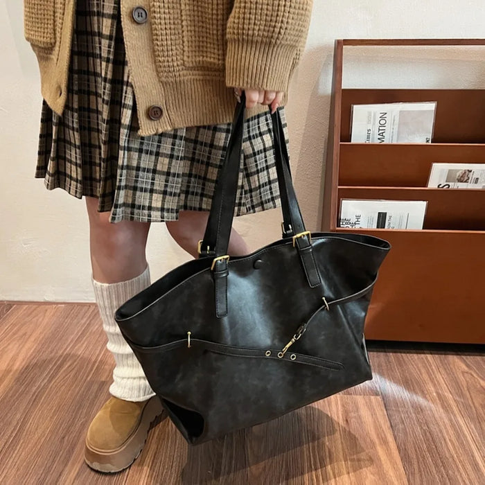 Vintage PU Leather Shoulder Tote – Soft Casual Bag with Lock Closure - Samanta Factory