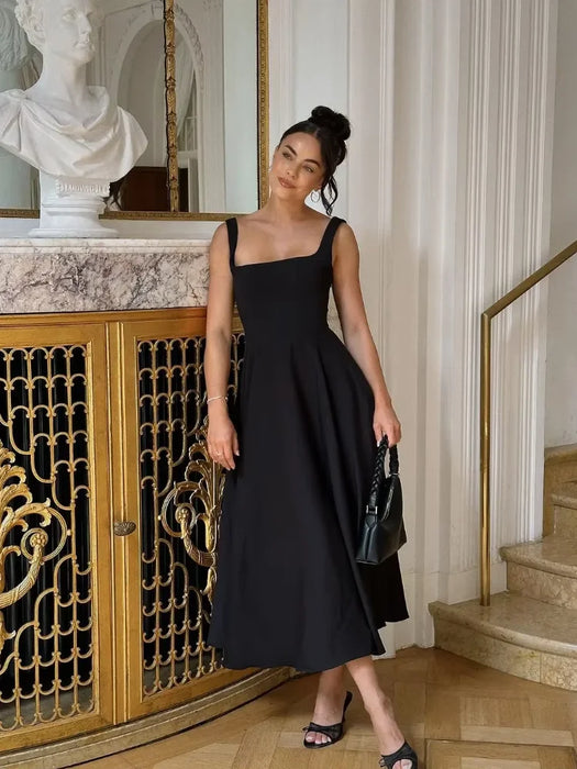 A-line Strap Long Dress – Square Neck & Backless Design