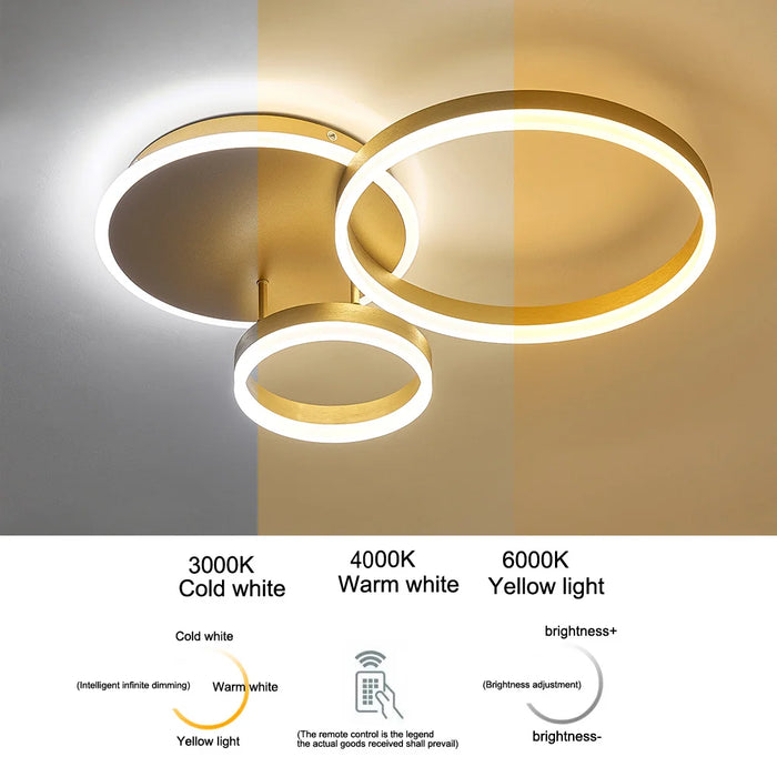 LED Ceiling Light – Modern Gold Triple-Ring Design with Remote Control