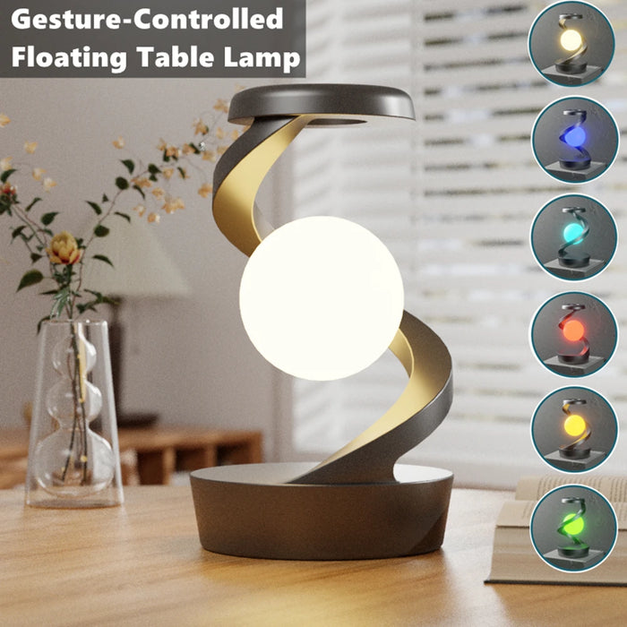 Floating table lamp with RGB LED night lights, hand-wave control, and wireless charging