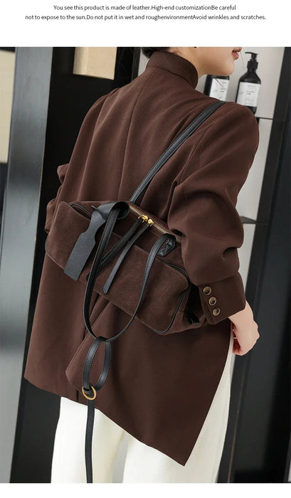 Women's Genuine Cowhide Leather Tote Bag – Large Capacity Suede Velvet Shoulder Handbag SF