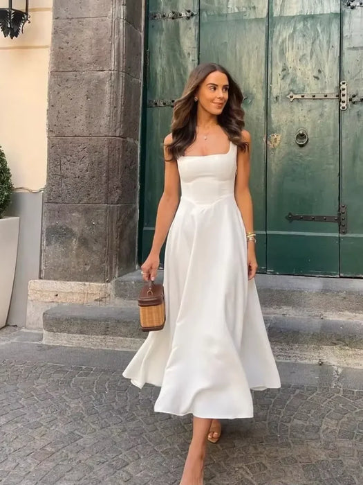 A-line Strap Long Dress – Square Neck & Backless Design