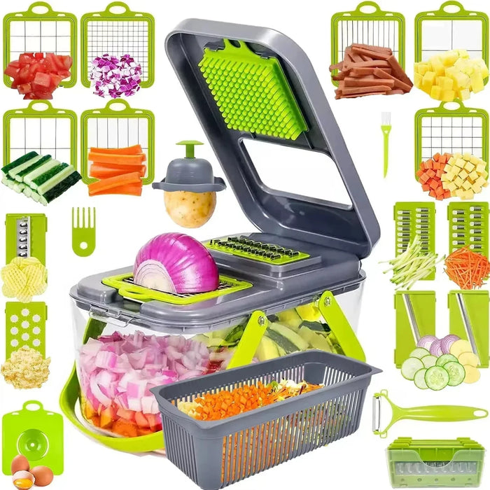 Stainless steel vegetable chopper with sharp blades for slicing and shredding fruits and vegetables