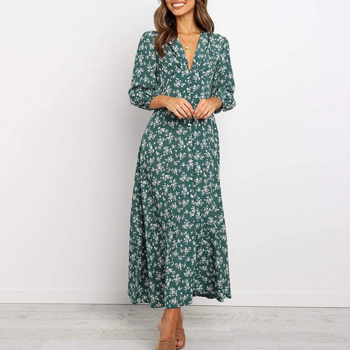 Women’s V-Neck Floral Maxi Dress – High-Waist Slit for Effortless Boho Chic - Samanta Factory