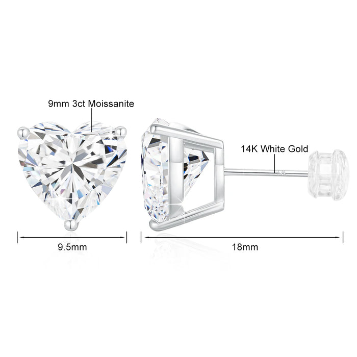 14K Gold Heart-Shaped Moissanite Stud Earrings – 1CT–3CT VVS1 AU585 Certified