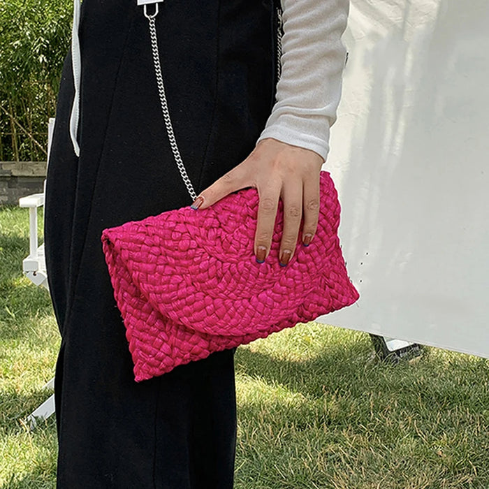 Boho Straw Flap Bag for Women – Hard Shell Woven Handbag for Summer Outings