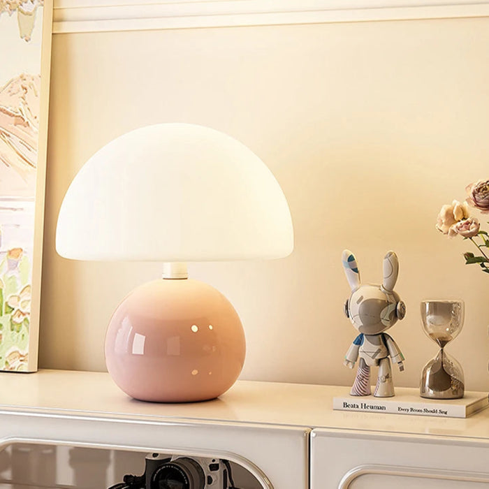 Modern dimmable LED table lamp with brushed nickel finish and frosted glass shade for bedroom.