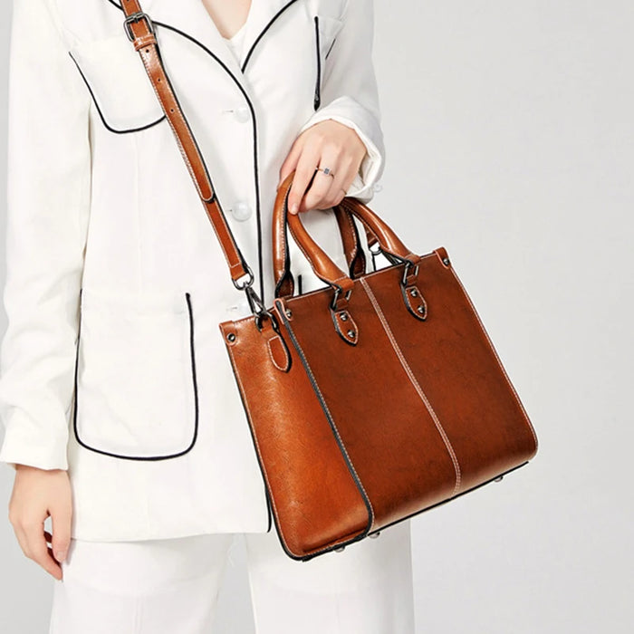 Women’s Leather Tote Bag – Fashion Box-Shape Handbag