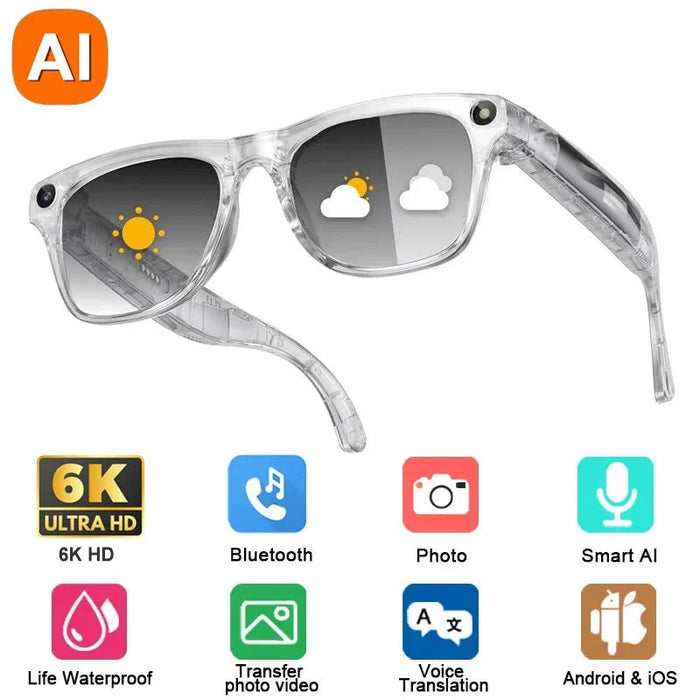 AI Smart Glasses with 6K Camera & Translation – Bluetooth Calling Music Photochromic Eyewear SF