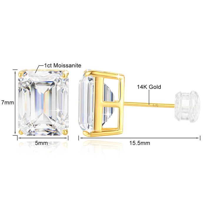 14K Gold Emerald Cut Moissanite Stud Earrings – AU585 Certified