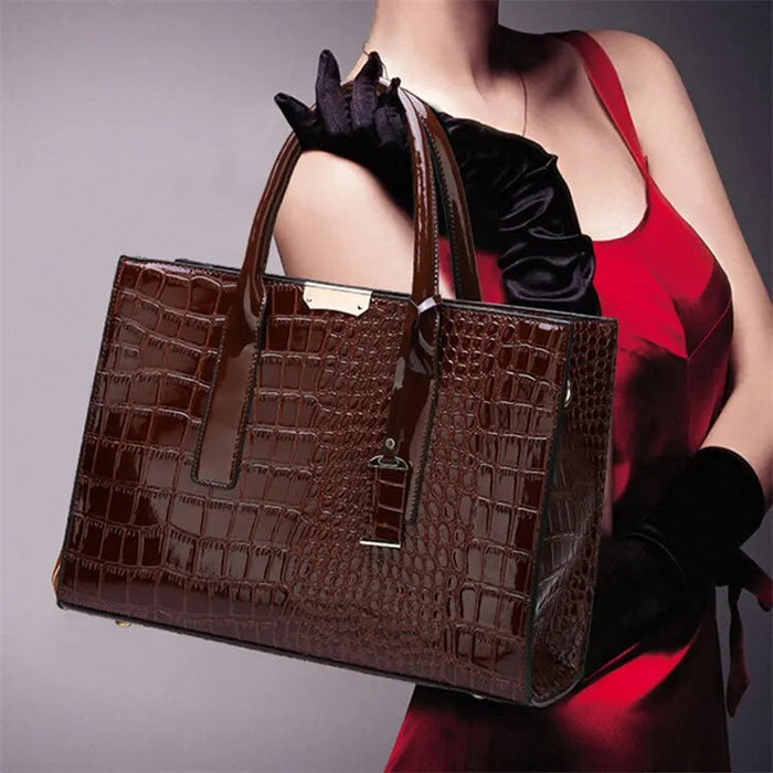 Luxury Crocodile Pattern Handbag – Large Capacity Vintage Women’s Leather Tote Shoulder Bag SF