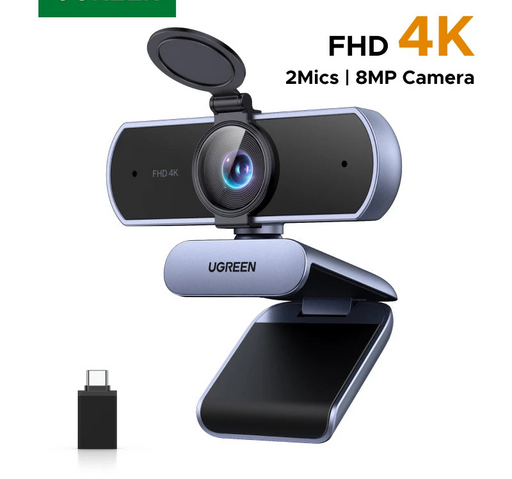 4K Ultra HD USB webcam with 8MP auto focus sensor 3840x2160 resolution plug and play setup for video calls and live streaming on desk monitor
