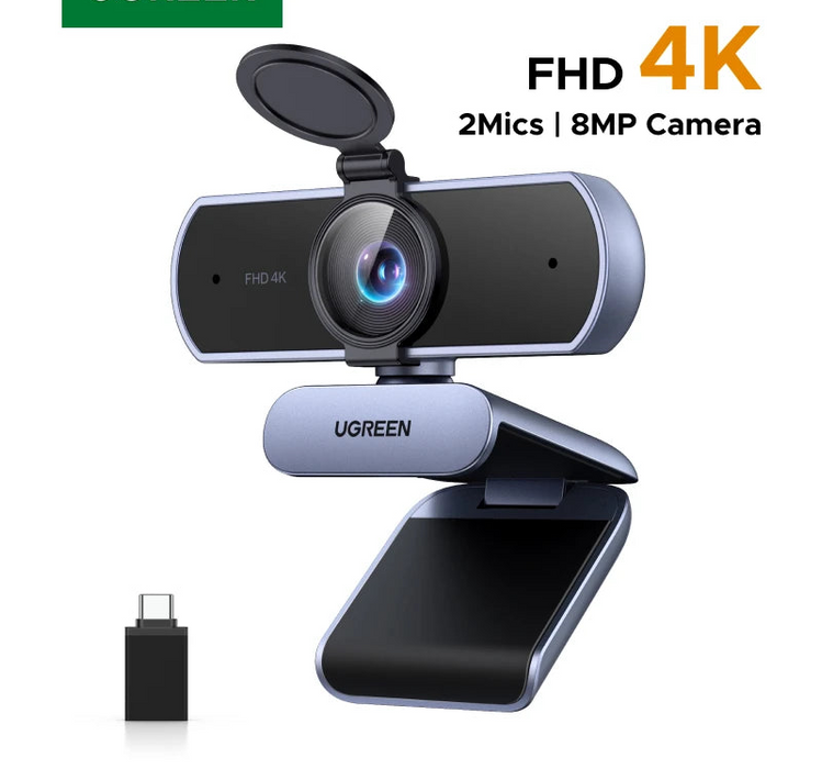 4K Ultra HD USB webcam with 8MP auto focus sensor 3840x2160 resolution plug and play setup for video calls and live streaming on desk monitor