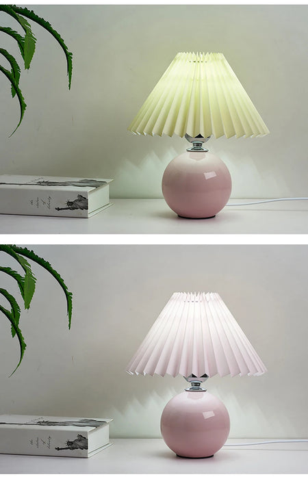 Korean Table Lamp – Vintage Pleated Fabric Shade with Ceramic Base