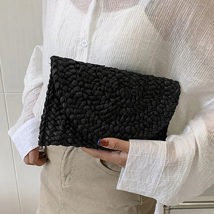 Boho Straw Flap Bag for Women – Hard Shell Woven Handbag for Summer Outings