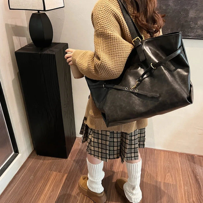 Vintage PU Leather Shoulder Tote – Soft Casual Bag with Lock Closure - Samanta Factory