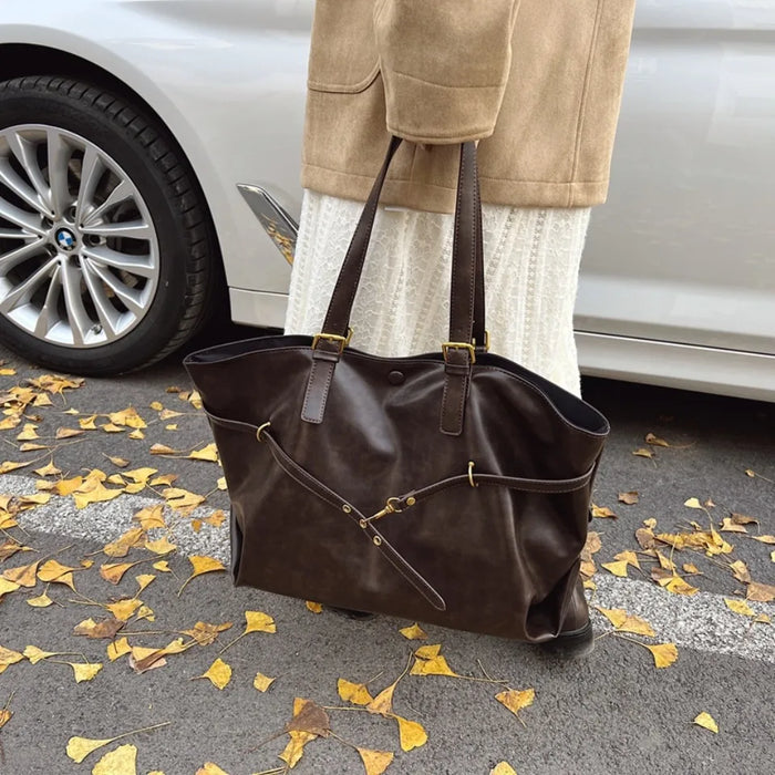 Vintage PU Leather Shoulder Tote – Soft Casual Bag with Lock Closure - Samanta Factory