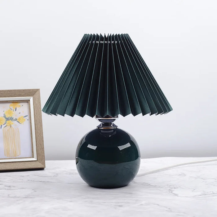 Korean Table Lamp – Vintage Pleated Fabric Shade with Ceramic Base