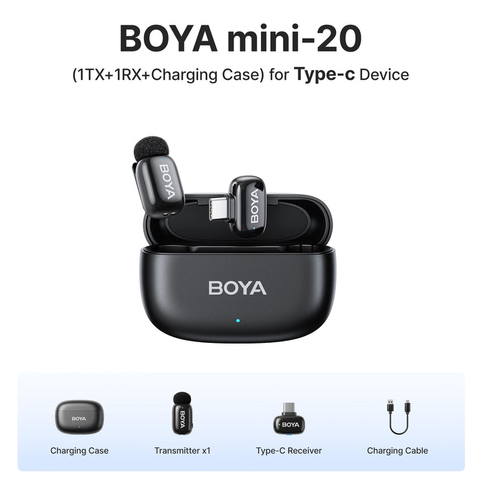 BOYA Mini Wireless Microphone – 2.4GHz Lavalier Mic with Charging Case for iPhone & Android