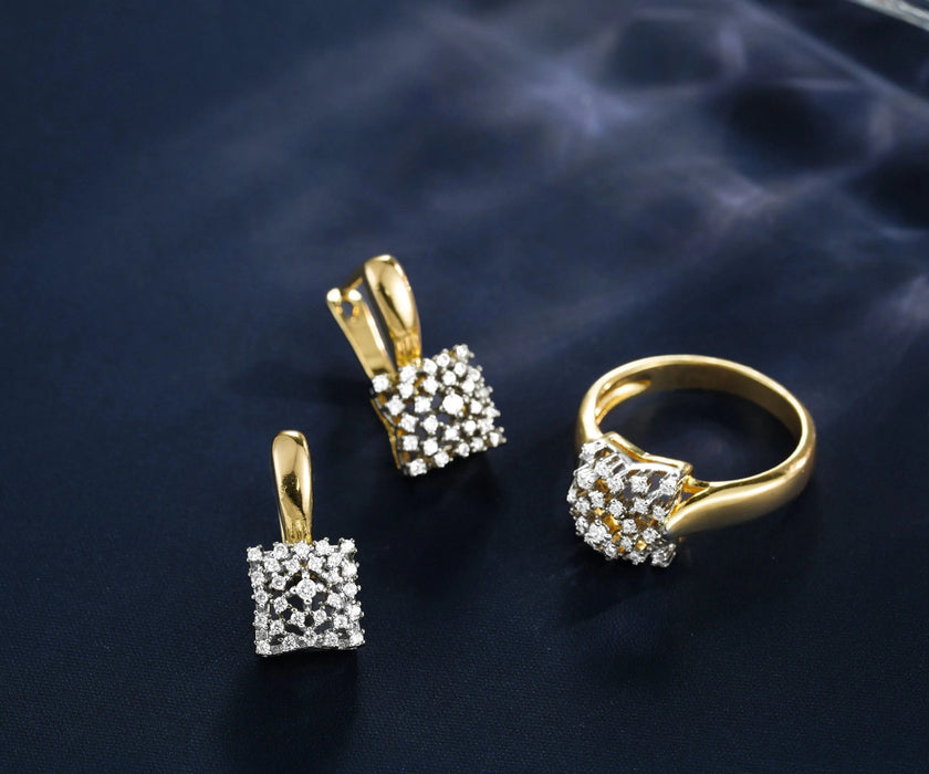 Square cubic zirconia earring and ring set in 14K gold plating