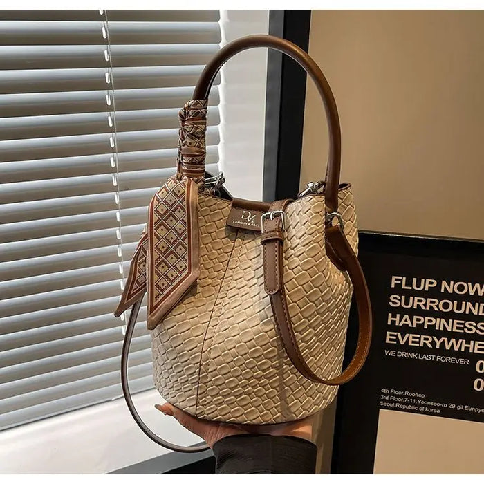 PU Leather Knitted Bucket Bag – Soft Casual Messenger Handbag for Women - Samanta Factory