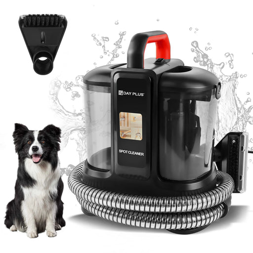 Handheld carpet spot cleaner with dual water tank, two brush heads, and 13kPa suction for removing pet stains and spills from carpets and upholstery